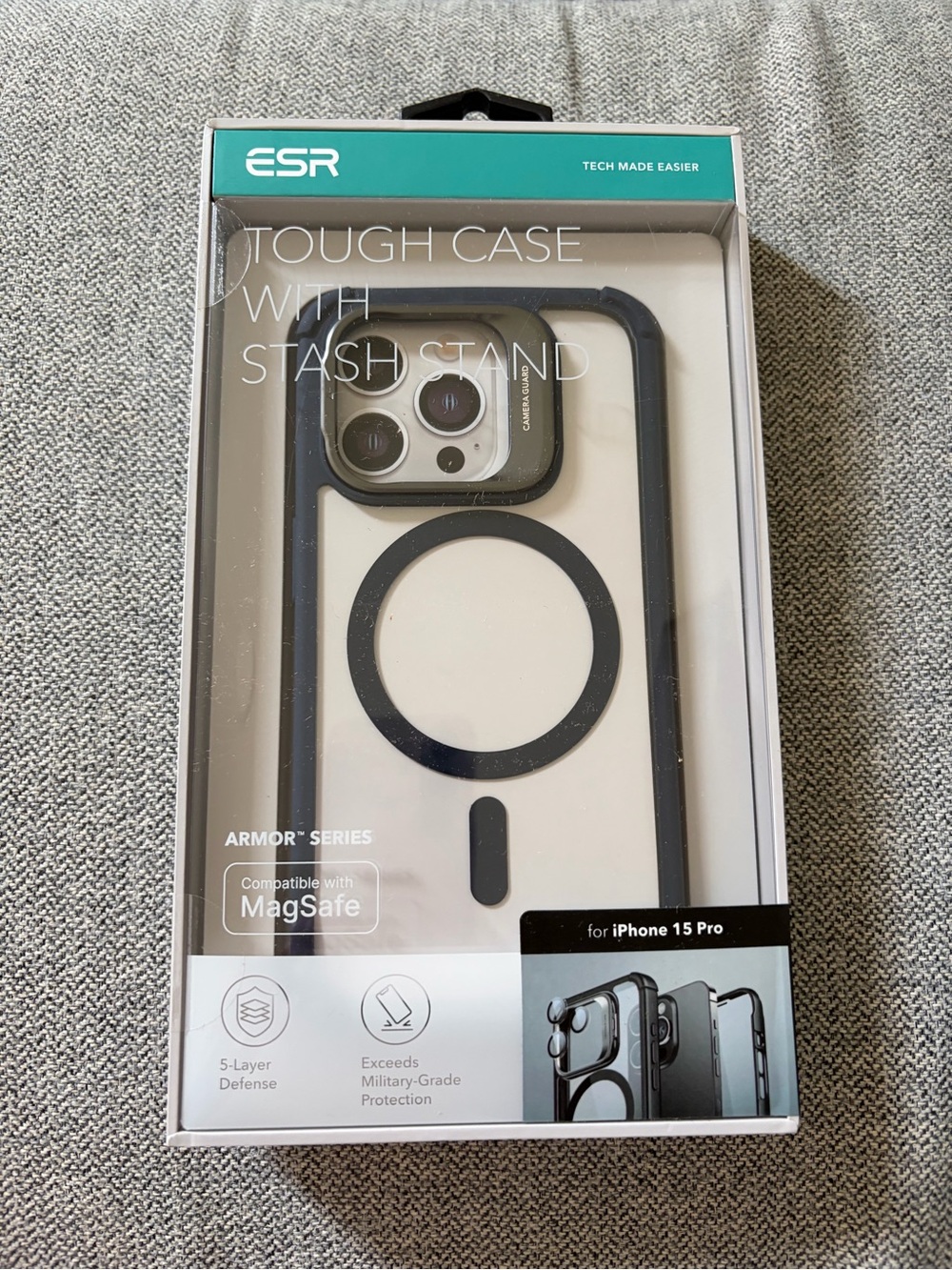 ESR Tough Case with Stash Stand for iPhone 15 Pro - Clear with Black Accents